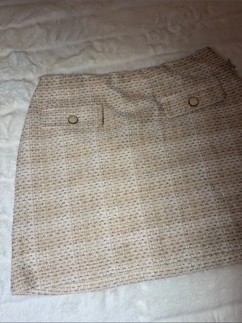 NWT Textured Beige Tweed Mini Skirt with Button Detail